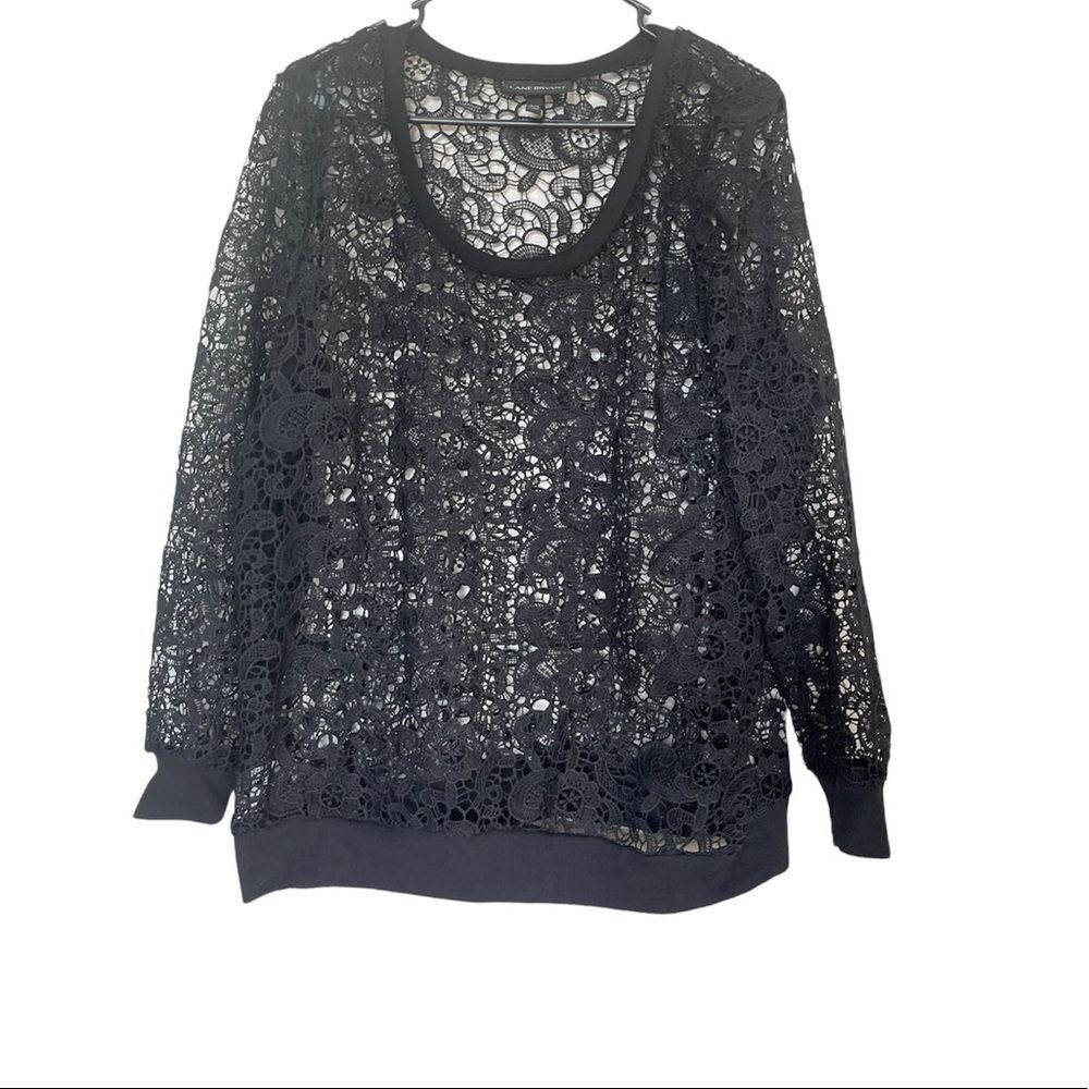 Lane Bryant Lace Top Women 14 16 Black Sheer Floral Crochet Pullover Long Sleeve